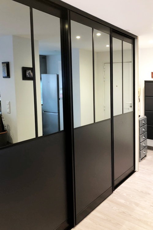 Ensemble 4 portes de placard coulissantes style atelier Miroir gris  / Noir - 2/2